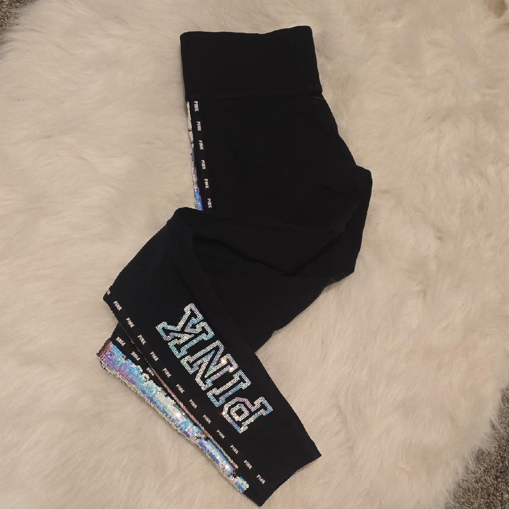 PINK Victoria's Secret Black Leggings with Iridescent Sequin Logo